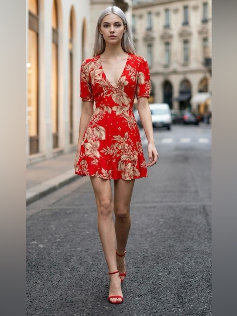 here comes the sun, Small Red Floral V-Neck Short Dress